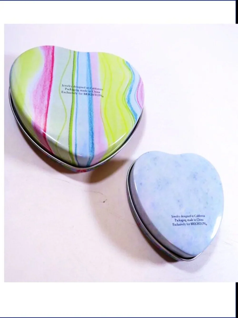 Brighton Heart Shaped Metal Tins Set Nested Keepsake Storage Pink Vines Embossed